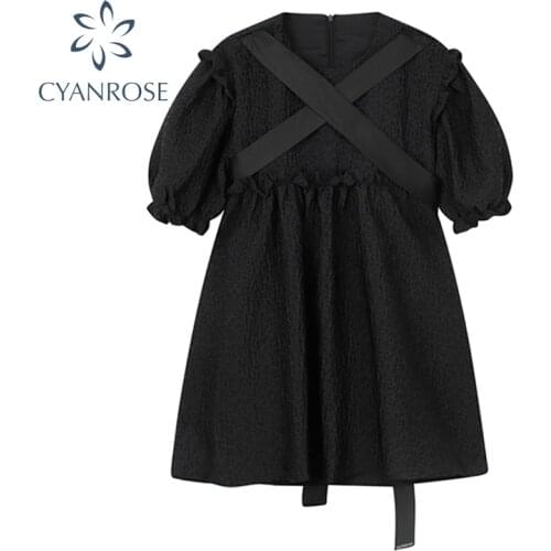 Dark Personality Chic Casual Gothic Mini Dress Women Black Puff Sleeve High Waist Cross Strap Peter Pan Dress Female Summer 2021