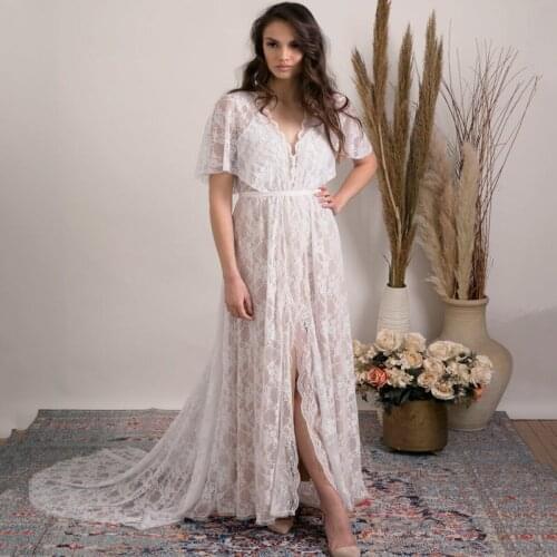 Half Sleeve V-Neck Split Skirt Lace Sash A-Line Wedding Dress 2021 Vestido De Noiva Bridal Gown