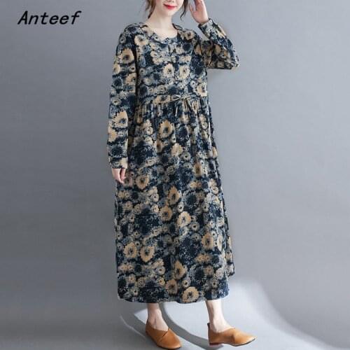 Long sleeve cotton linen vintage floral for women casual loose spring autumn dress elegant clothes 2021 ladies dresses