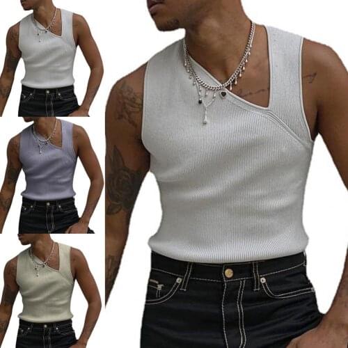 2021 New Slash Neck Knitted Vest Solid Color Men Sleeveless Slim Summer Vest Streetwear