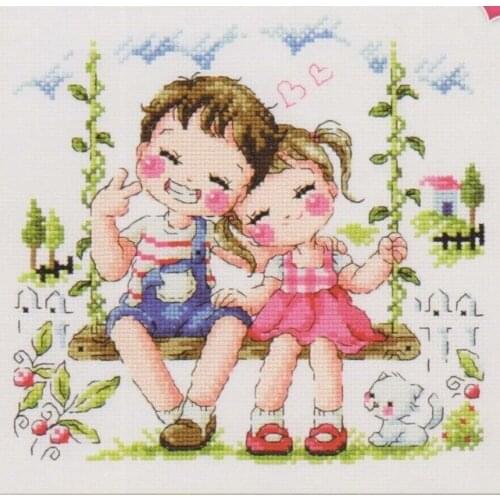 Gold Collection Counted Cross Stitch Kit Cheese and Smile Little Girl and Boy Swing Childhood Innocent Pure Love Lover SO