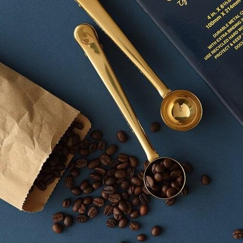 Golden Coffee Tea Measuring Scoop Spoon with Bag Clip Binder Clip Food File Fruit Vegetable Scoops Kitchen Tools