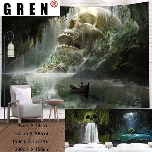 GREN Tapestry Natural Skull Waterfall Wall Hanging Mural Background Wall Rugs Beach Towel Fabric Blanket Dorm Living Home Decor