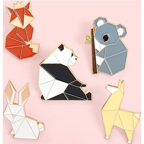 Creative Origami Badge Cute Cartoon Rabbit Panda Koala Fox Metal Enamel Brooch Fashion Lapel Backpack Jewelry Gift For children