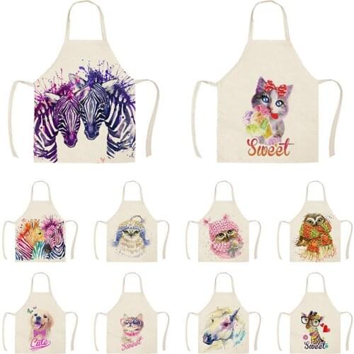 Colorful Animal Zebra Cat Dog Owl Kitchen Aprons for Women Cotton Linen Bibs Household Cleaning Accessories Cooking Apron WQTX67