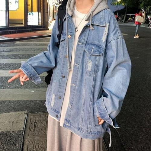 2021 Autumn New Hooded Coat Korean Streetwear Male Jackets Mens Casual Oversize Denim Jacket Graphic Printed Woman