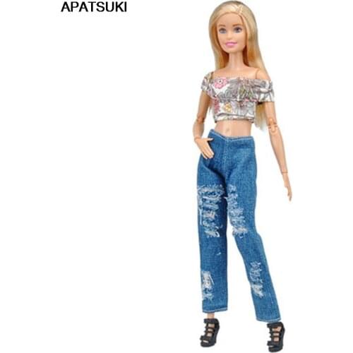 Fashion Outfits For Barbie Doll Clothes 1:6 Floral Short Shirt & Jeans Pants Handmade Clothes For Barbie Dollhouse 1/6 Kids Toy
