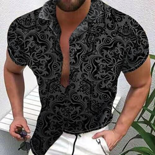 Mens Spring/Summer Short Sleeve Large Size M-3XL Black Print Trendtrend Teenage Quick Dry Lapel Shirt Top