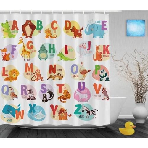 Educational Alphabet Letters Kids Shower Cutains Cute Animals Decor Baby Bathroom Curtains Polyester Waterproof Fabric With Hook