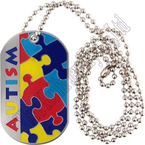 Autism Awareness Identification Necklace military dog tag style Puzzle Piece pattern with hand applied enamel colors ID Necklace