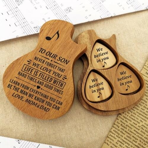 Dad And Mom To My Son Carving Wooden Pick Box Wooden Guitar Pick Box Contains Box Mediator For Guitar Accessories