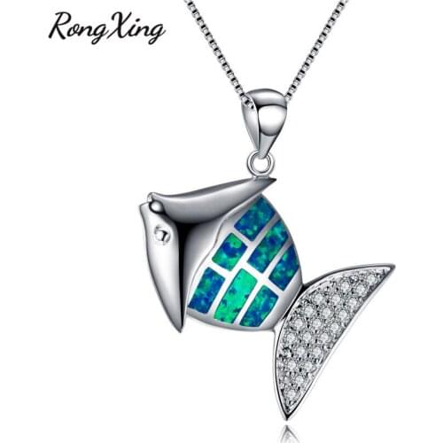 RongXing Cute Fish Blue/White Fire Opal Pendant Necklaces For Women Fashion Silver Color Black Gold Animal Jewelry NL0131