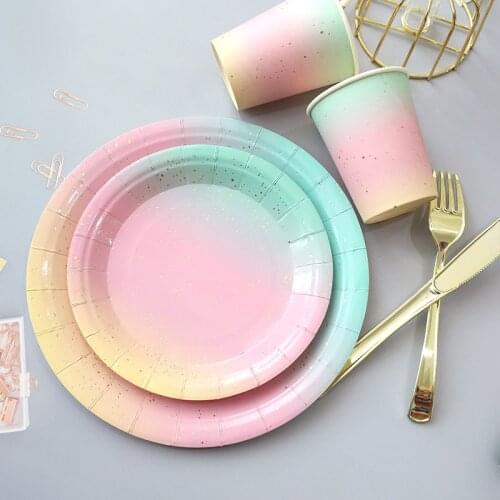 Rainbow Wedding Tableware Paper Plate Cups Knife Fork Disposable Party Paper Tableware Unicorn Birthday Party Decoration
