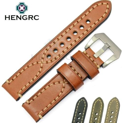 HENGRC 24 22mm Watch Band Strap Men Genuine Cowhide Leather Women Thick Watchbands Stainless Steel Buckle For Panerai