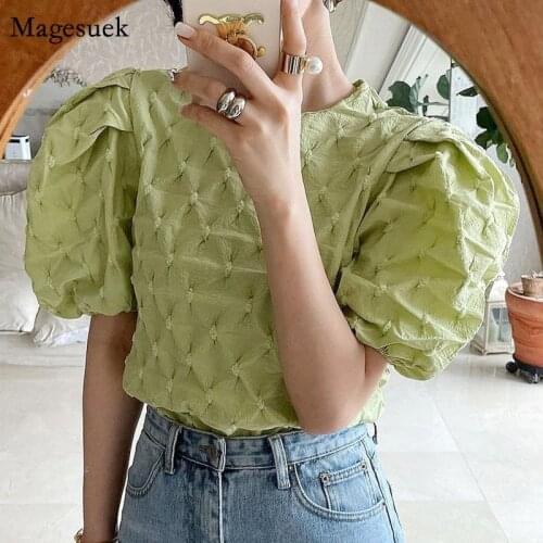 Bubble Sleeve Summer Pleated Womens Blouse Korean O Neck Elegant Shirt Folds 2021 Fashion Casual Loose Tops Blusas Mujer 15369