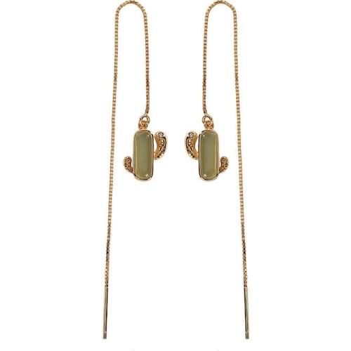 925 sterling silver gold plated Natural Hetian gray jade Hanging earrings Retro personality Cactus Earring pendant for ladies