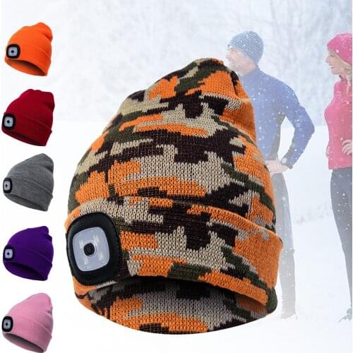 LED Lighted Beanie Cap Warm Beanies Men Women Knitted Hat Autumn Winter Outdoor Headlight Hunting Camping Running Hat 2021