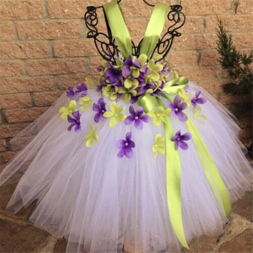Girls Purple Green Petals Fairy Tutu Dress Kids Flower Dress Ball Gown with Ribbon Bow Children Wedding Party Costume Dresses
