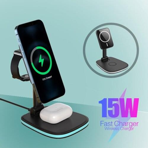 Universal Magnetic Wireless Charger Mobile Phone Portable Foldable Vertical Charge Stand For Apple Airpods Watch 6 For iPhone 12