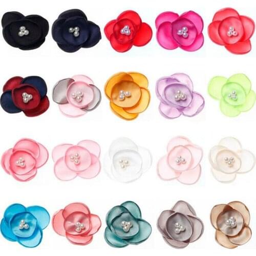 Yundfly 100pcs 2" Newborn Satin Petals Flower with Pearls DIY Fabric Hair Flowers For Baby Girls Hair Accessories Headbands