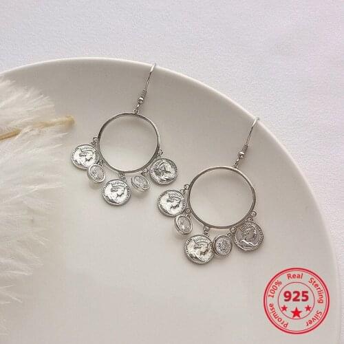 925 Sterling Silver Simple European American Retro Vintage Coins Dangle Earrings Women Jewelry