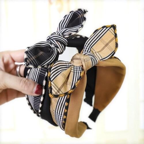 12pcs Cute Ears Hairband Headwear Women Plaid Headband Korean Knotted Bow Headband for Girls