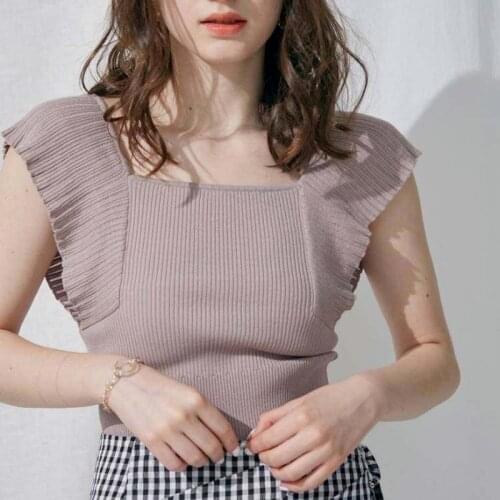 2021 Elegant Flying Sleeve Knitted Tops Women Vintage Square Collar All Match Pullovers Woman Summer Short Sleeve Slim Sweater