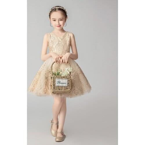 Beads Sequin Golden Tulle Flower Girl Dress Girl Wedding Party Beauty Pageant Clothes Kids Princess First Communion Gown