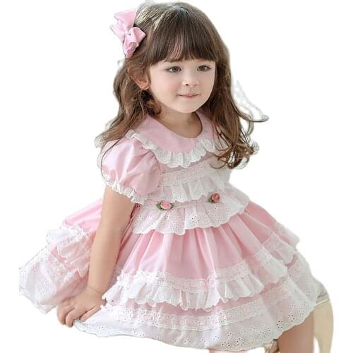 Childrens Spanish Palace Style Girls Round Neck Short-Sleeved Ruffled Small Flower Decoration Hole Princess Puffy Dress