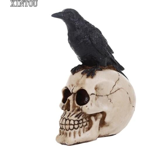 Moquerry Resin Skull Craft Statues Human Skull With Black Bird Crow Figurines Sculptures Home Decor Accessories Art Ornaments