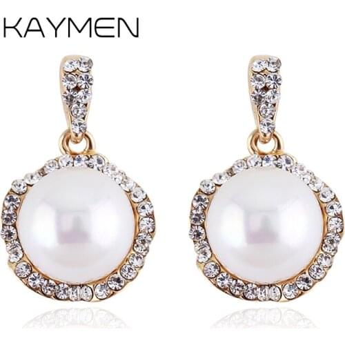 KAYMEN Golden Plated Inlaid Rhinestones and Imitation Pearl Earrings For Women, Wedding, Party Fashion Stud Earring EA-04134
