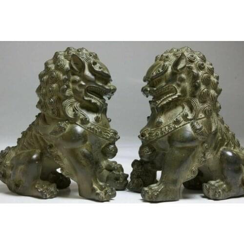 20cm China Bronze Animals FengShui Foo Fu Dog Wealth Lion Ball Head Statue Pair