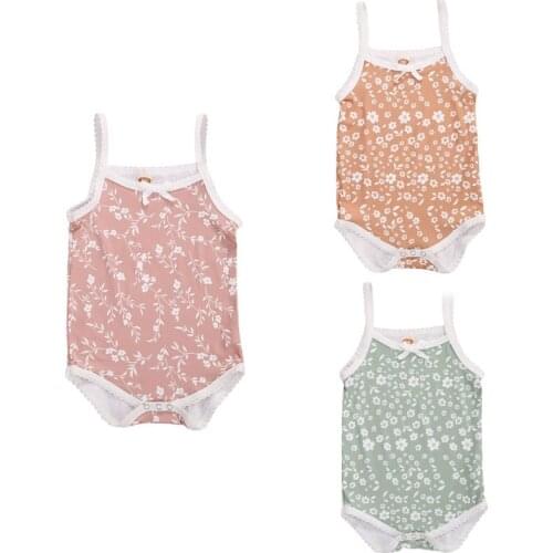 Infant Camis Jumpsuit Newborn Baby Girl Floral Print Bodysuit Bow Decoration Bottom Buckle Summer Cool Clothing for Girls 0-24M