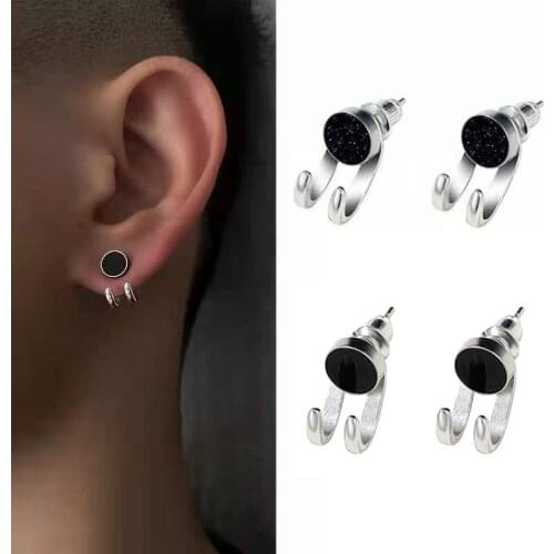 Round Black Color Stainless Steel Small Hoop Earrings Simple Silver Color Metal Removable Couple Stud Earrings For Men Women