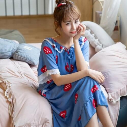 Summer nightdress blue cartoon large size loose nightdress female short sleeve Korean cute cotton can be worn outside Sleepwear