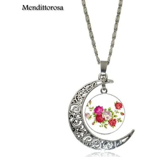 Mendittorosa Glass Cabochon Jewelry Silver Color With Crescent Moon Shaped Long Pendant Choker Necklace For Women Party Flower