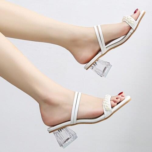 Fashion Women Sandals High Heels 1.97 Inches Beautiful Pearl Sexy Slippers（Size 35-45