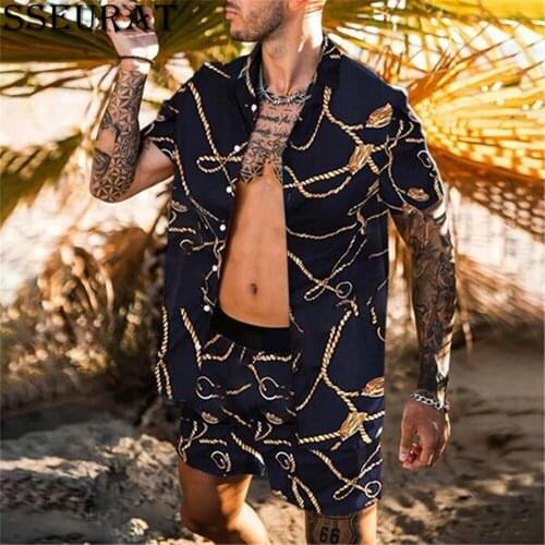 SSEURAT NEW Men Hawaiian Sets Printing 2021 Summer Short Sleeve Button Shirt Beach Shorts Streetwear Casual Mens Suit 2 Pieces