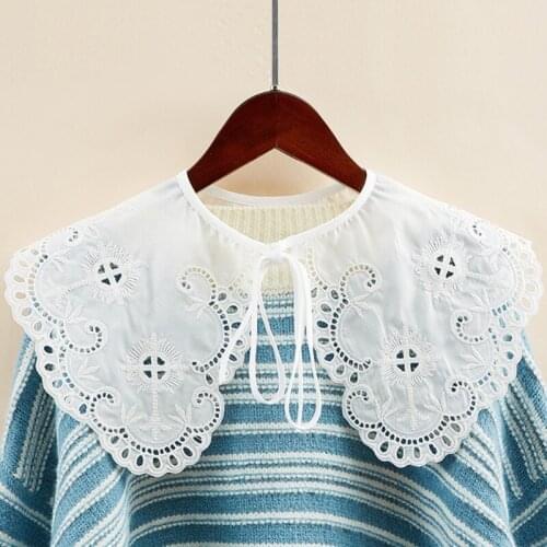 Women Decorative False Fake Collar Hollow Out Jacquard Lotus Floral Big Shawl Wrap Lace-Up Bow Necklace Short Capelet