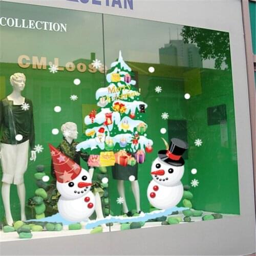 DIY White Snowman Color Christmas Tree Home Decoration Wall Stickers Christmas Shop Window Display Waterproof PVC Wallpaper