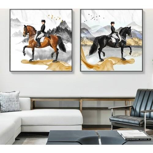 Black Knight Wall Pictures for Living Room Horses Walk on Golden Ribbon Canvas Art Poster Painting Pictures Modern Home Deco