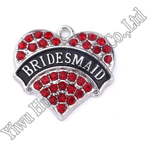 New Arrival 20 pcs a lot rhodium plated BRIDESMAID with red/pink/blue/white crystal heart pendant Hot Selling