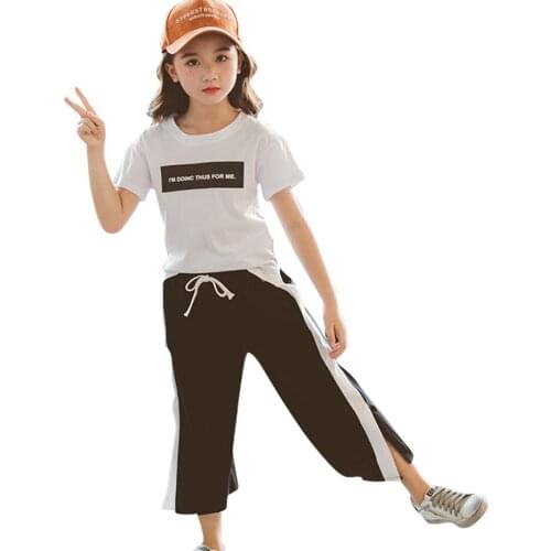 Teen Girls Clothing Tshirt + Letter Pants Tracksuits For Girls Patchwork Kids Clothes Girls Summer Tracksuit Kids
