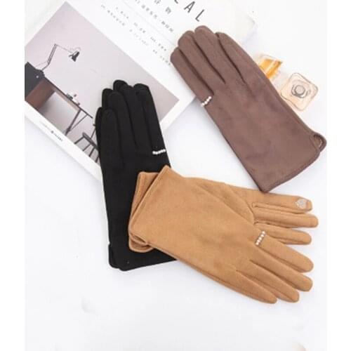 Winter Suede Leather Warm Touch Screen Driving Gloves Women Plus Velvet Thicken Full Finger Pearl Windproof Cycling Mittens K43