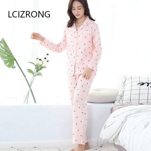Spring Cotton Harajuku Pajama Set For Women Casual Long Sleeve Cardigans Long pants Nightgowns Blue Pink Sleepwear Suits Female