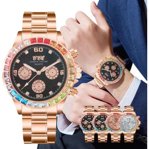 Luxury Rhinestone Men Business Watches Rose Gold Stainless Steel Band Male Clock Quartz Watch Relogio Masculino