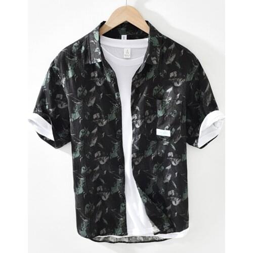 Print Short Sleeve Shirt for Men Summer New Japanese Fashion Turn-down Collar Tops Male Thin Slim Fit Button Up Retro Clothes