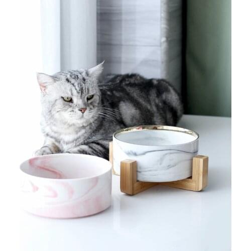 Supplies For Cats Accessories And Dog Food Feeder Marble Ceramic Pet Bowl With Bamboo Stand