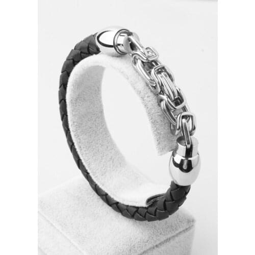 High Quality Stainless Steel 8mm Silver Color Byzantine Box Chain With Braided Black Leather Wristband Mens Womens Bracelet8.66"