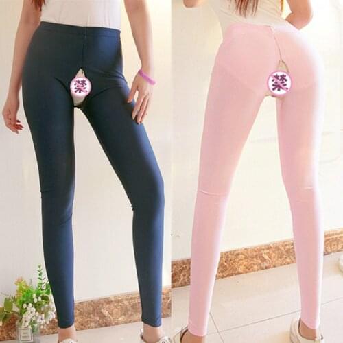 Women Sexy Clothes Going Out Outdoor Sex Pants Open Crotch Hidden Double Zipper Erotic Costumes Female Transparent Leggings